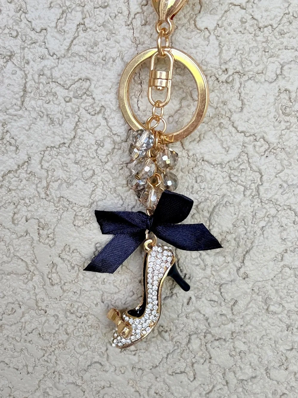 Gold Rhinestone High Heel Keychain with Black Bow & Faceted Crystals